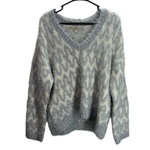 LOFT Metallic Shimmer Fuzzy Sweater L Silver Cream Soft Knit Holiday